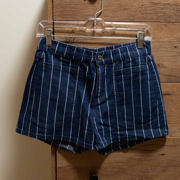 High Rise Navy and White Striped Denim Shorts - Picture 1 of 10